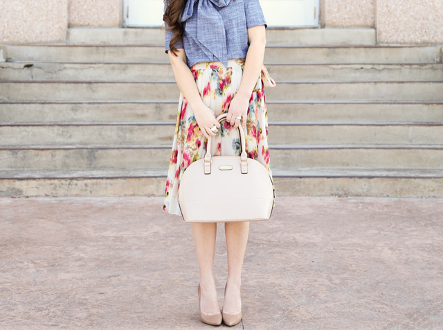 floral skirt, nude bag and heels