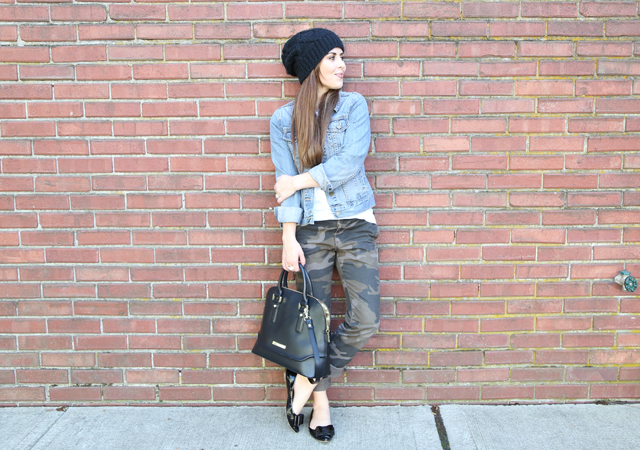 camo and black with a jean jacket