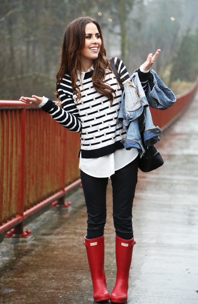 black and white sweater, with denim