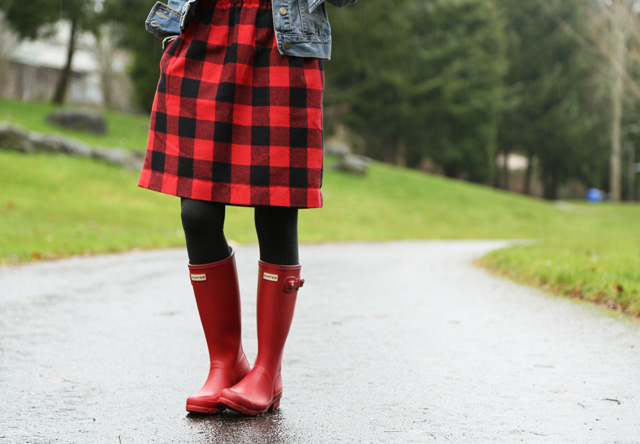buffalo plaid and red hunter boots