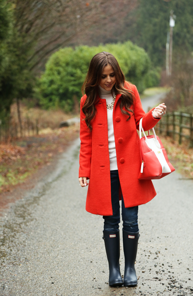 classic asos coat with hunter boots