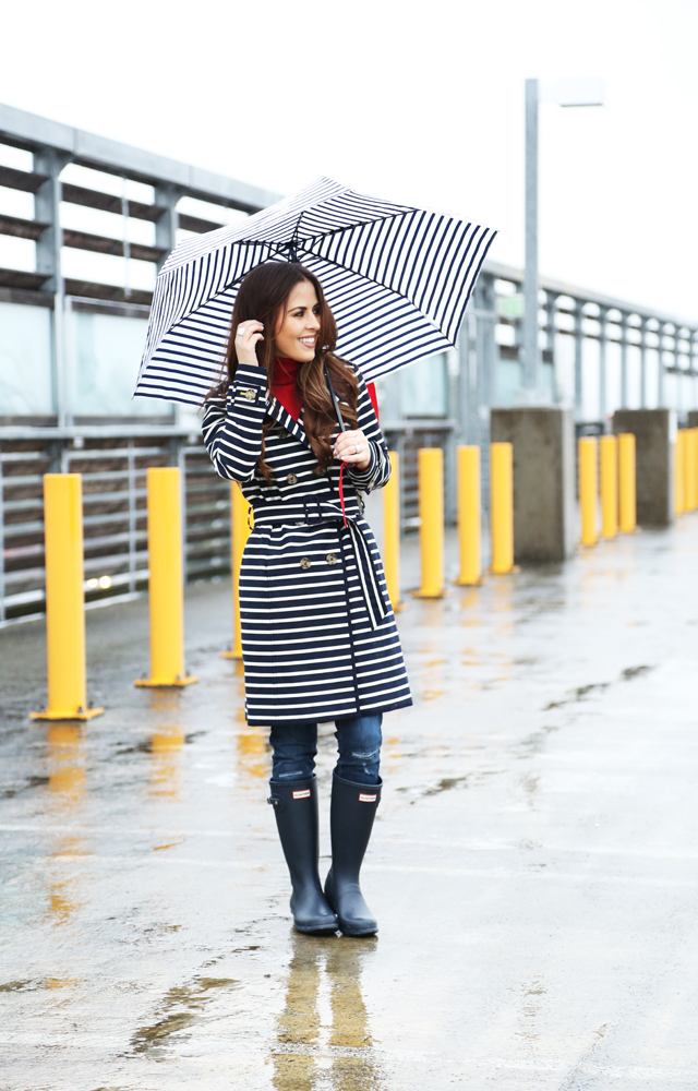perfect rainy day outfit, striped trench rain boots