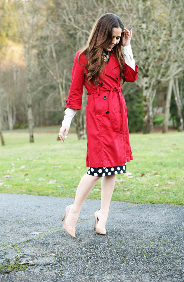 polka dots and a red trench