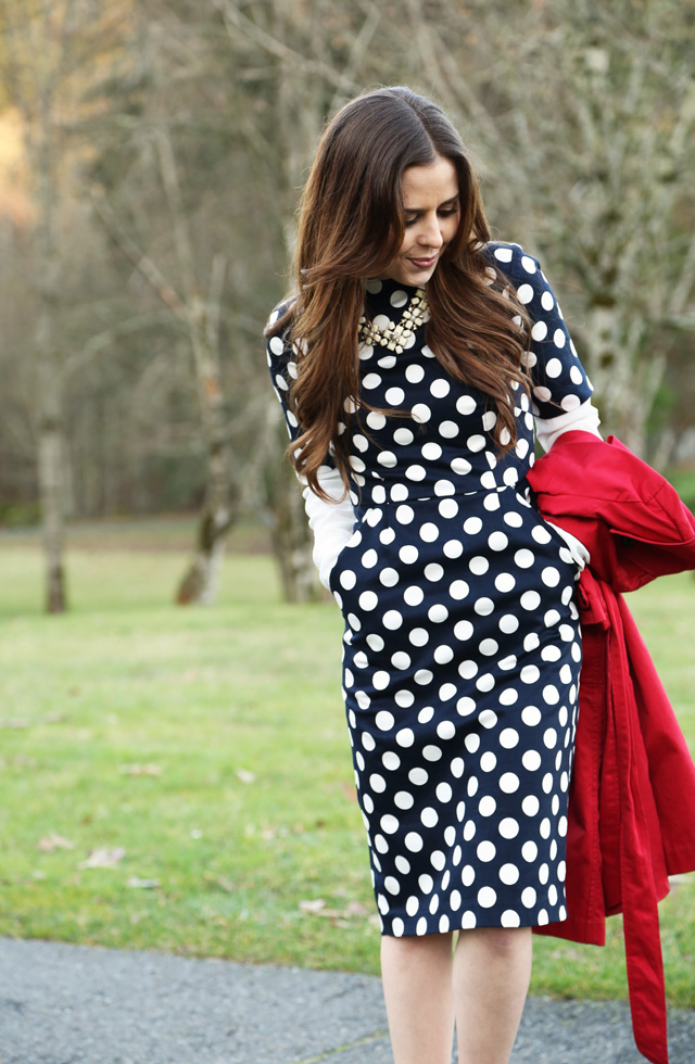 polka dots dress with a silk blouse, red trench