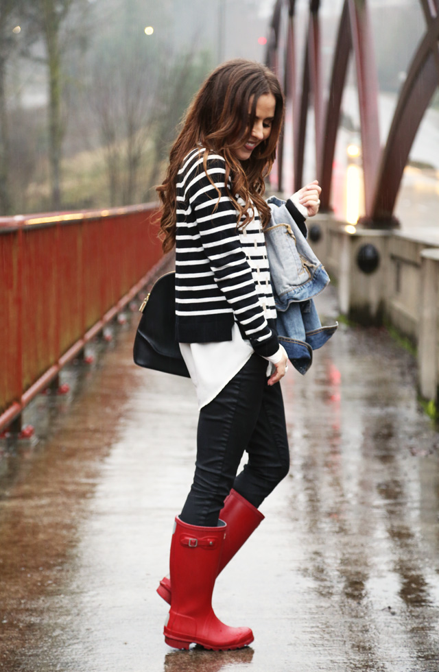 rainy day look with hunter boots - dress cori lynn