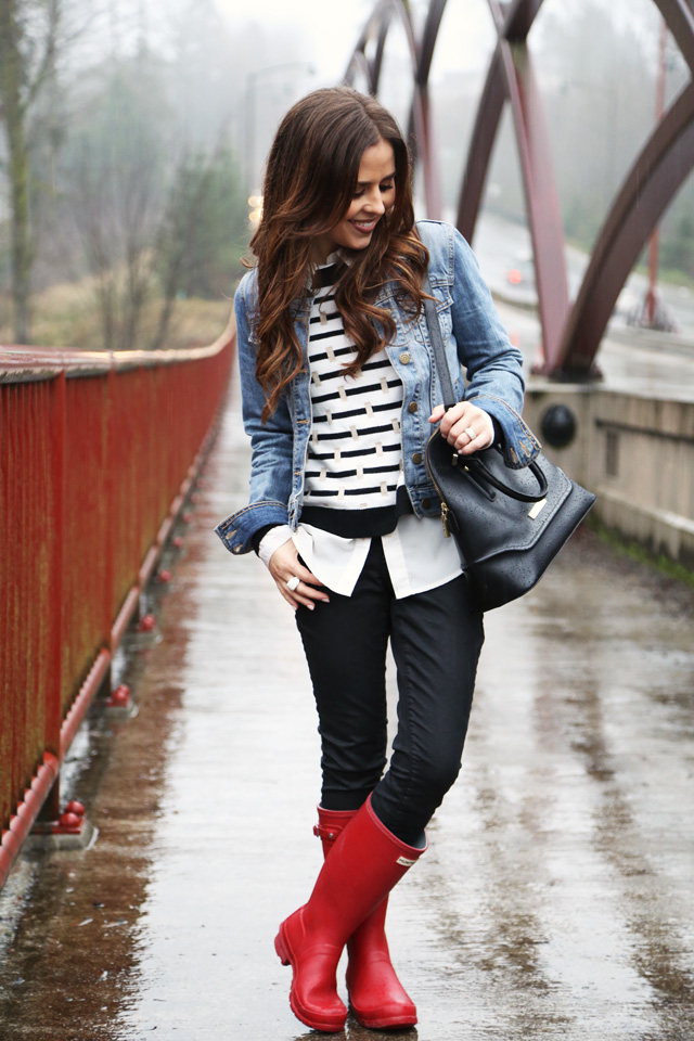 red black and white hunter boots