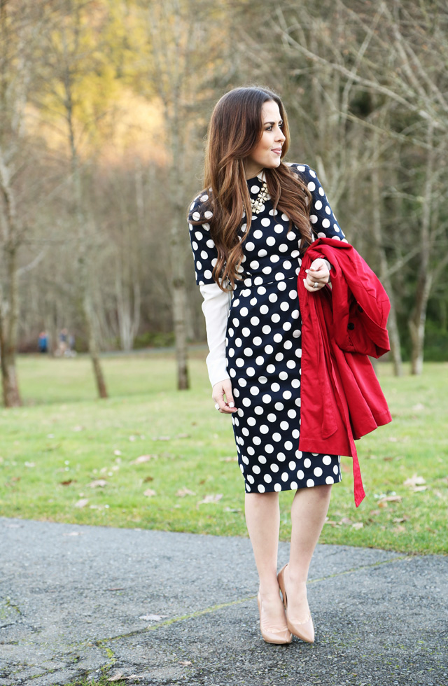red trench polka dot dress, white silk blouse