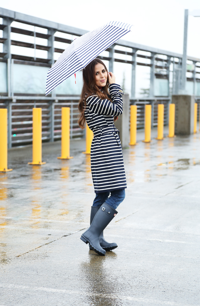 striped trench coat rainy day outfit