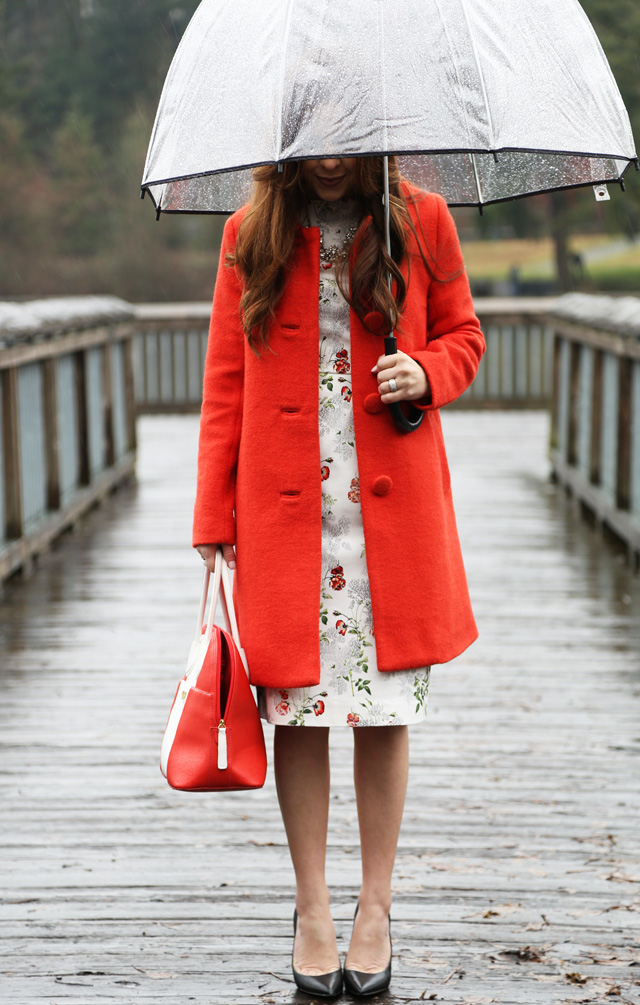 white floral dress by corilynn and a red coat