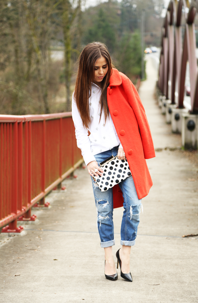 bright coat with casual outfit