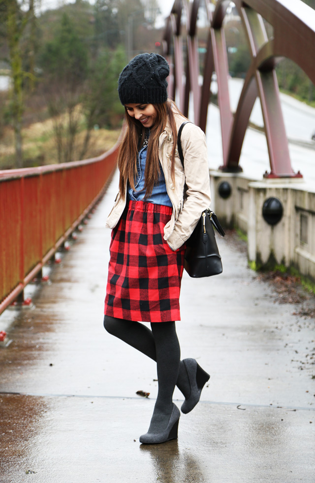 buffalo plaid flannel skirt, grey tights and shoes