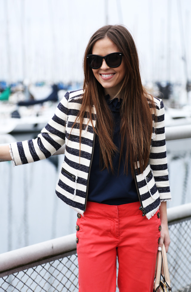 cropped striped jacket and wide leg pants