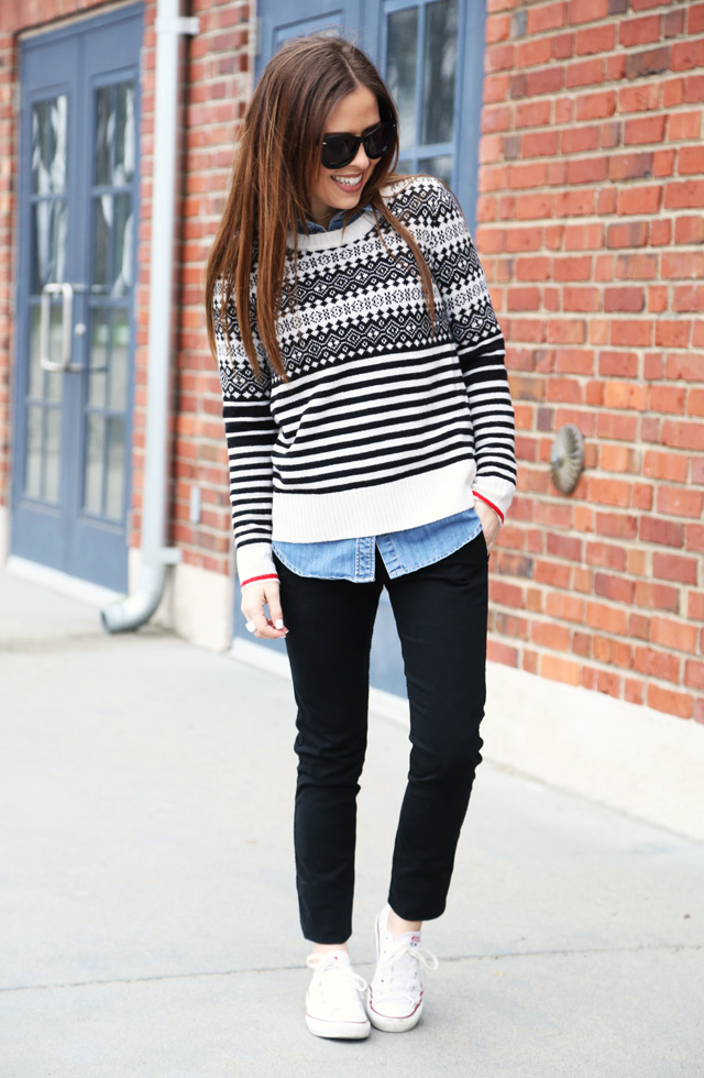 fair isle sweater and sneakers with denim shirt