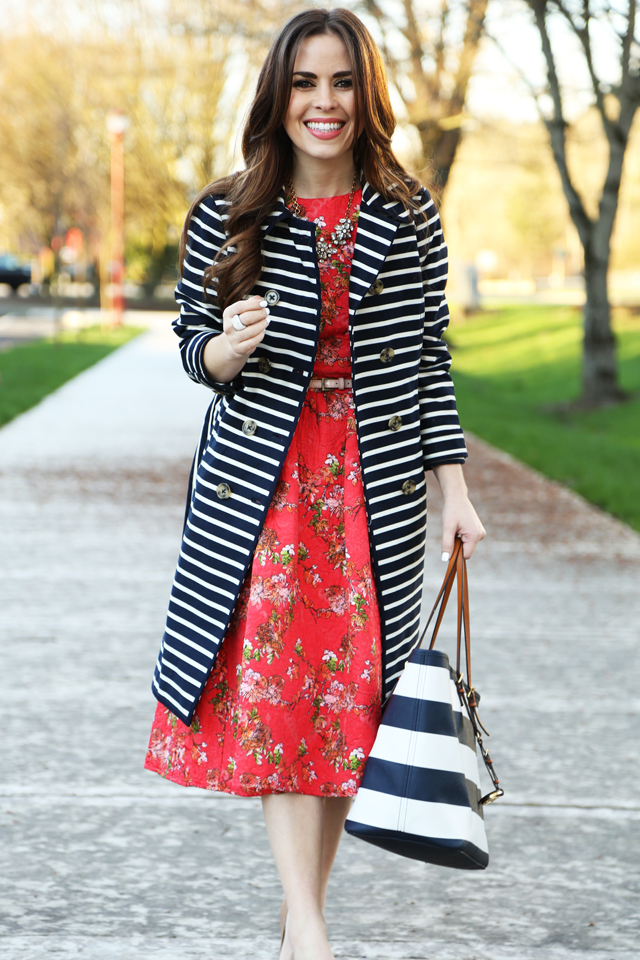 floral dress with a striped trench