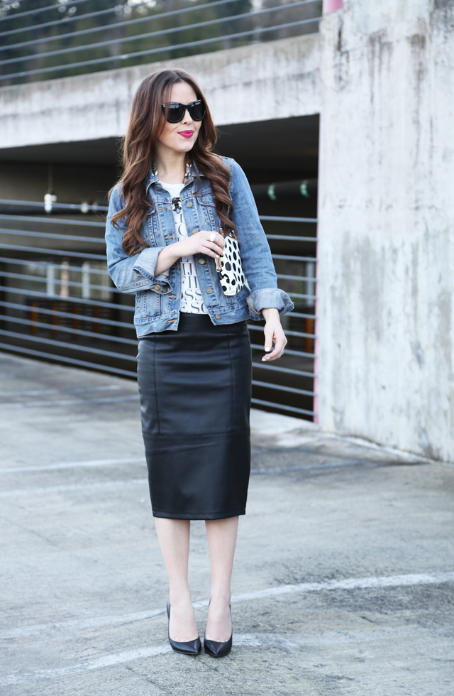 graphic tee, leather skirt