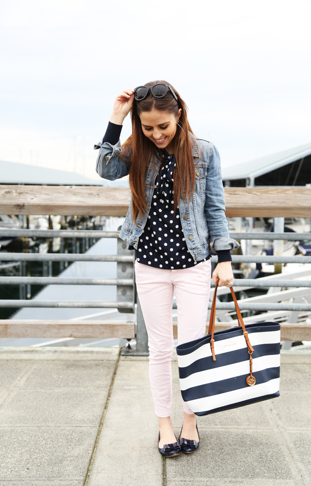 navy and pink outfit
