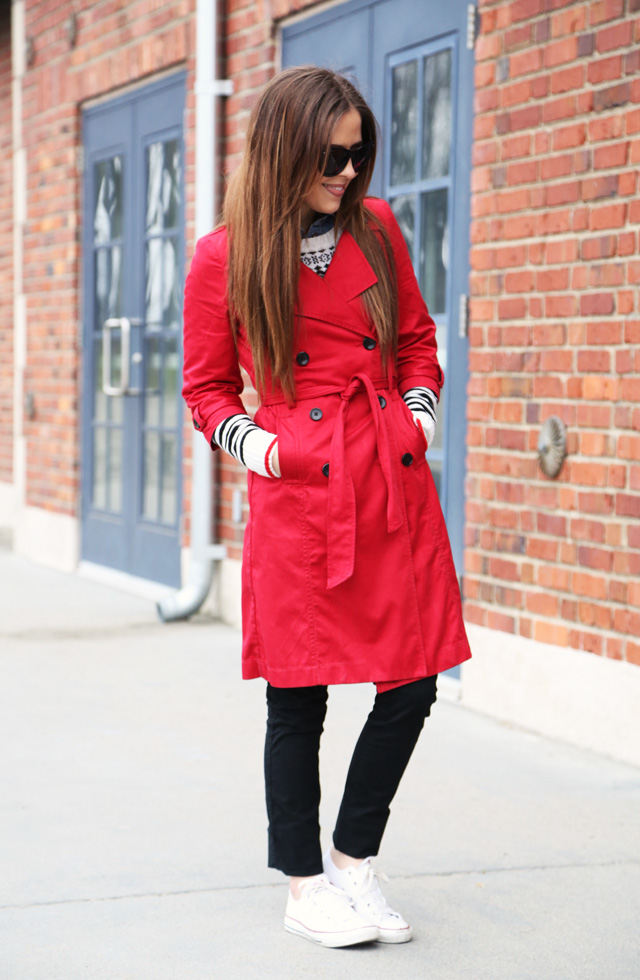 sneakers red trench and sweaters