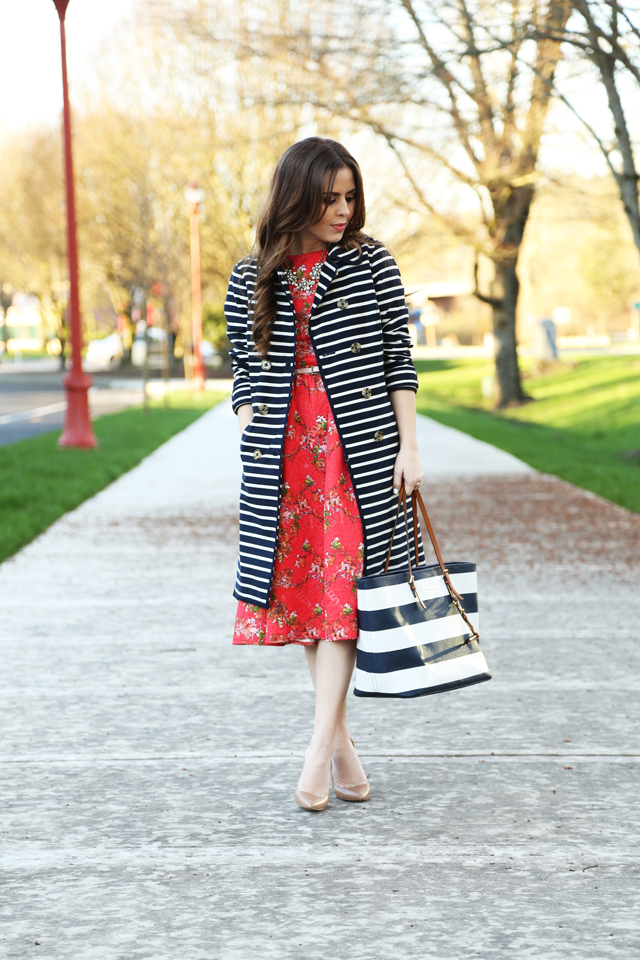 spring outfit, poppy floral asos dress and striped trench