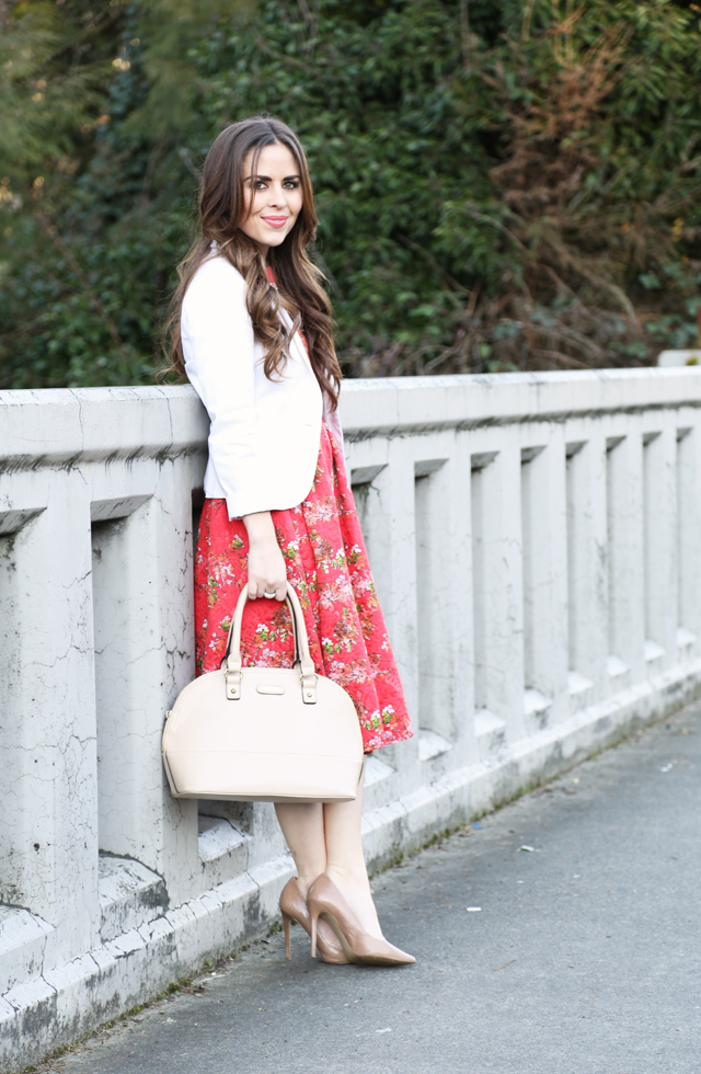 floral fit and flare dress white blazer