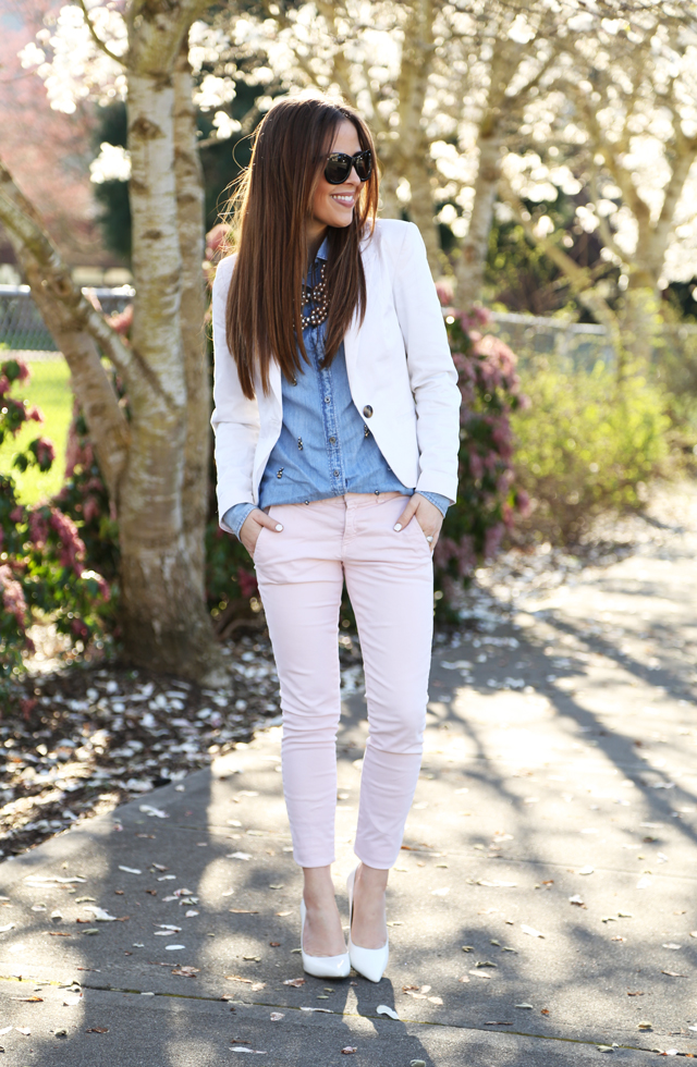 pink pants white blazer