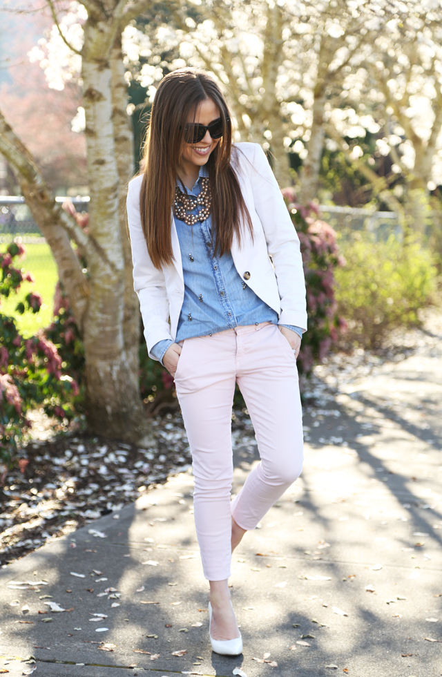 spring outfit pink pants white blazer