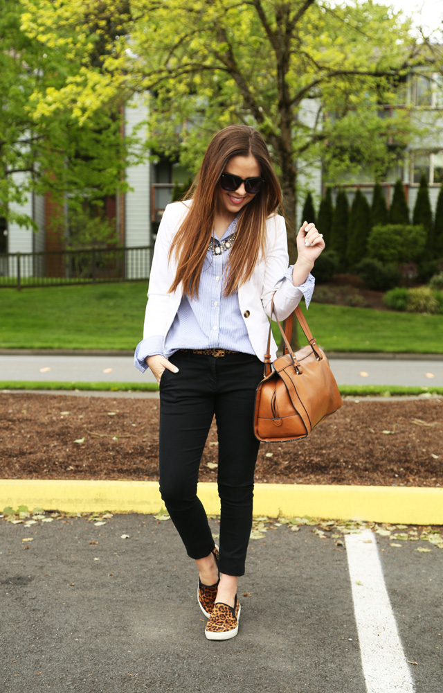 casual spring outfit, white blazer leopard pops