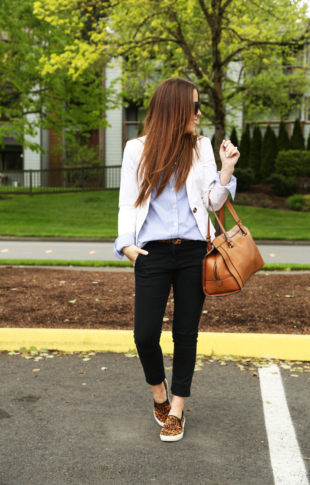 casual spring outfit with stripes and leopard pops