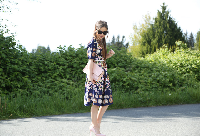 silky floral fit and flare dress pink shoes