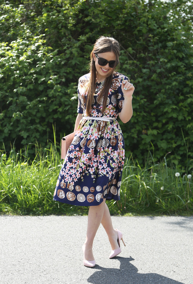 silky floral fit and flare dress with pink accents