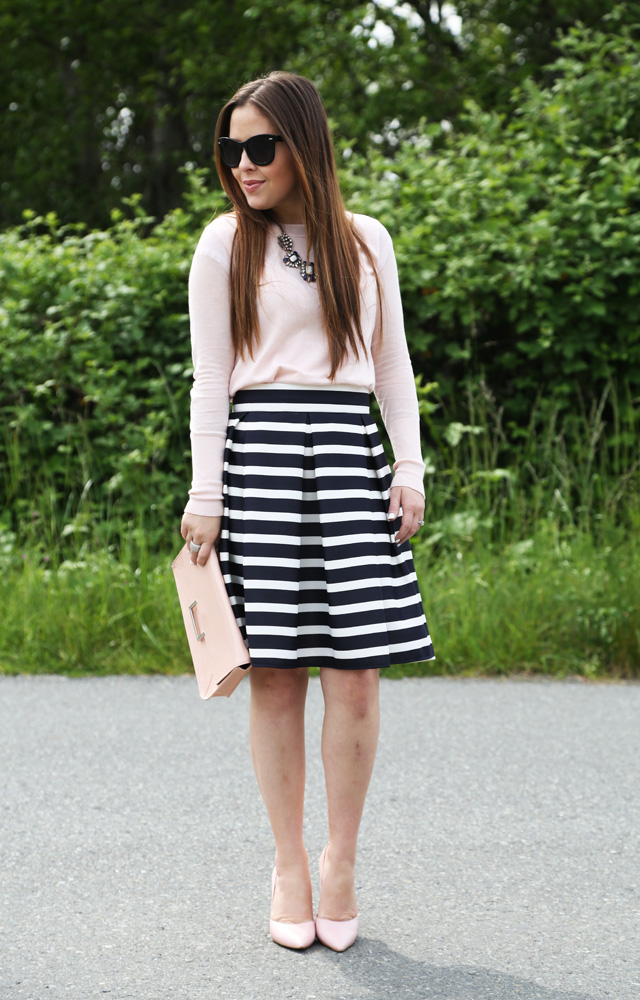 a-line striped skirt with pink sweater