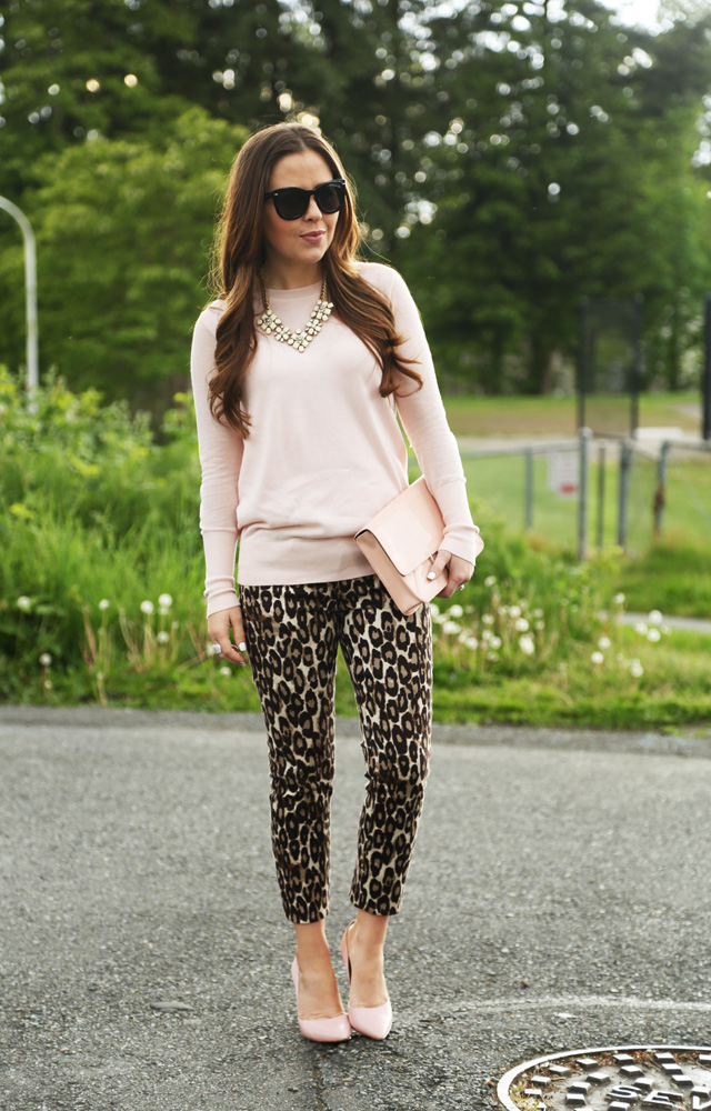 soft pink sweater leopard pants