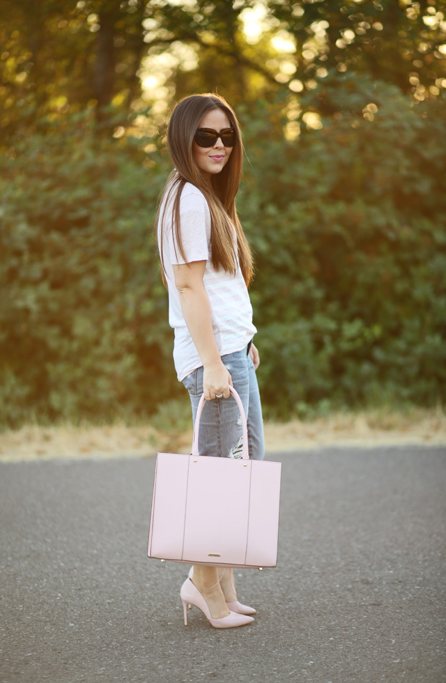 distressed denim and pink striped top