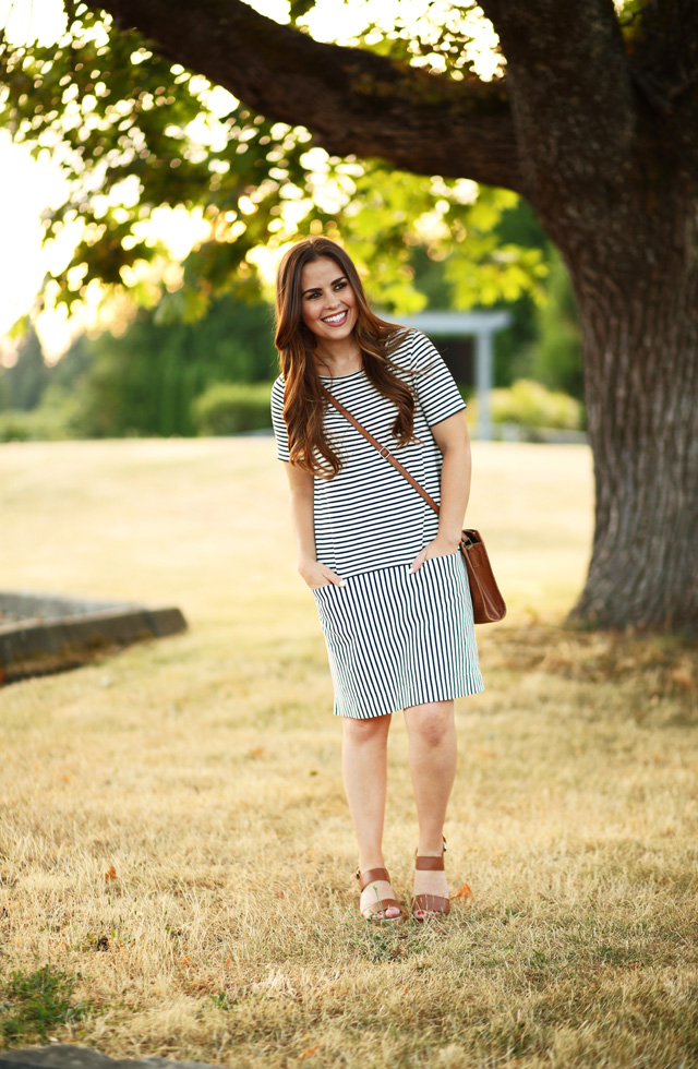 navy and white striped dress with cognac