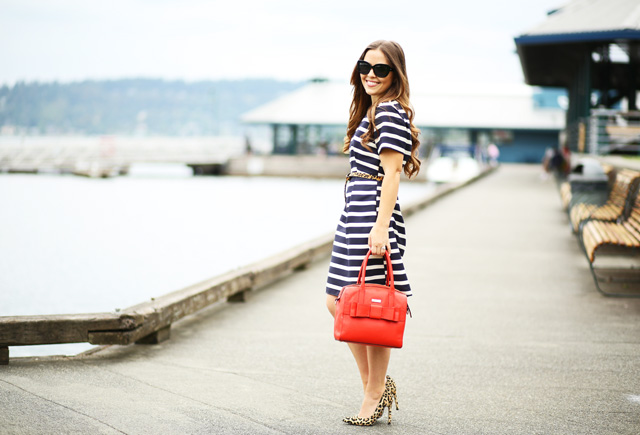 striped dress red bag leopard heels