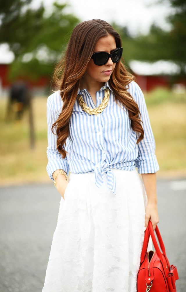 white textured skirt and striped blouse