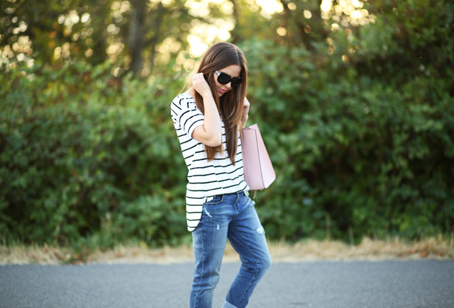 black and white stripes distressed denim