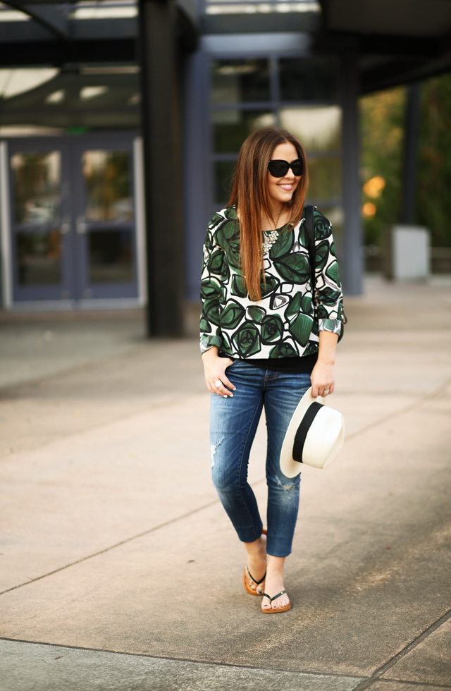 distressed skinny jeans palm print green top