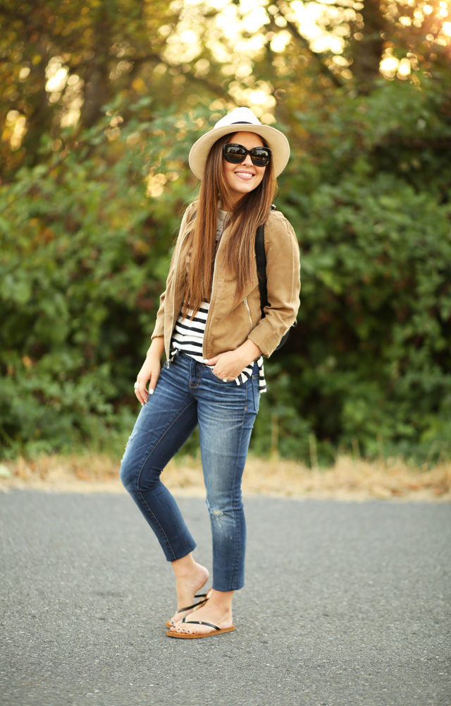 Tan jacket with store jeans