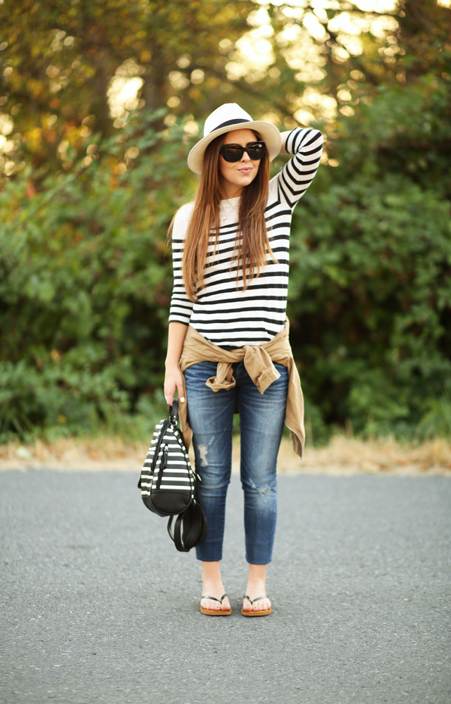 jeans and black and white striped top