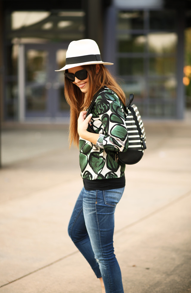 jeans, striped bag, green palm print shirt