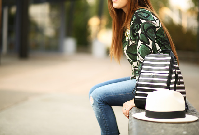 striped bag, panama hat