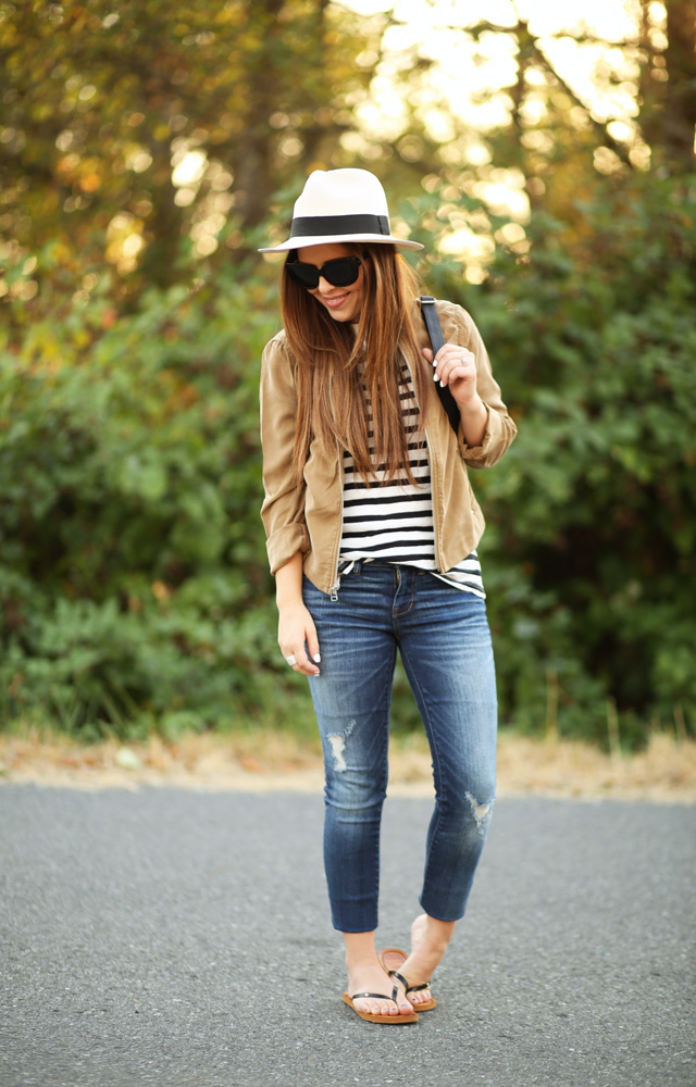 white hat, jeans, black stripes, gap jacket