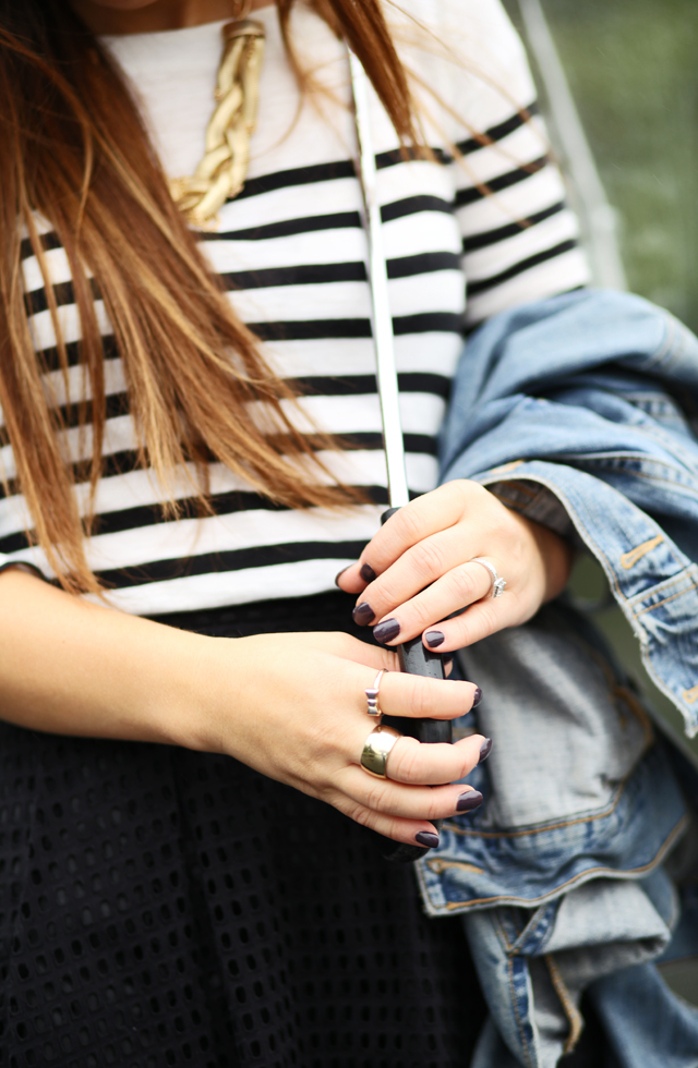 black and white stripes with gold jewelry
