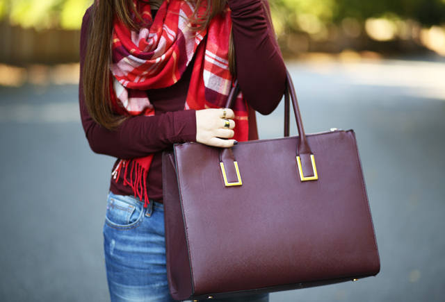 burgundy bag red tartan blanket scarf