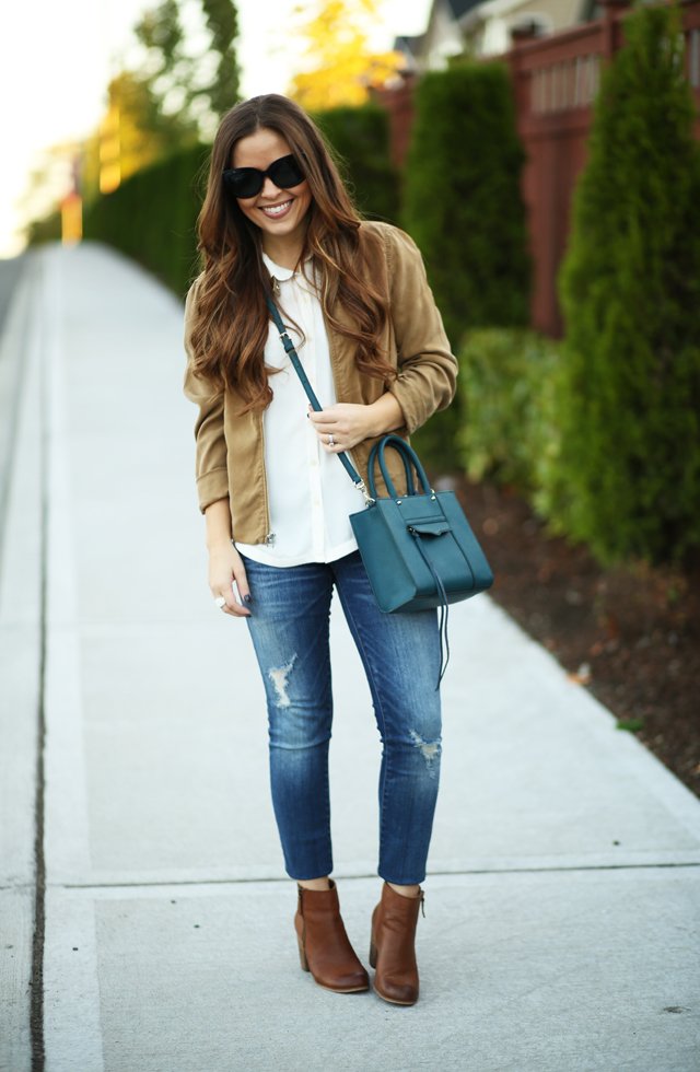 cognac booties with skinny jeans