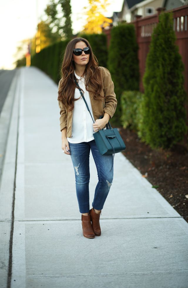 drapey gap jacket, skinny jeans and booties