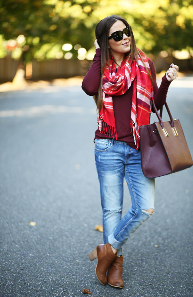 fall reds jeans burgundy red blanket scarf
