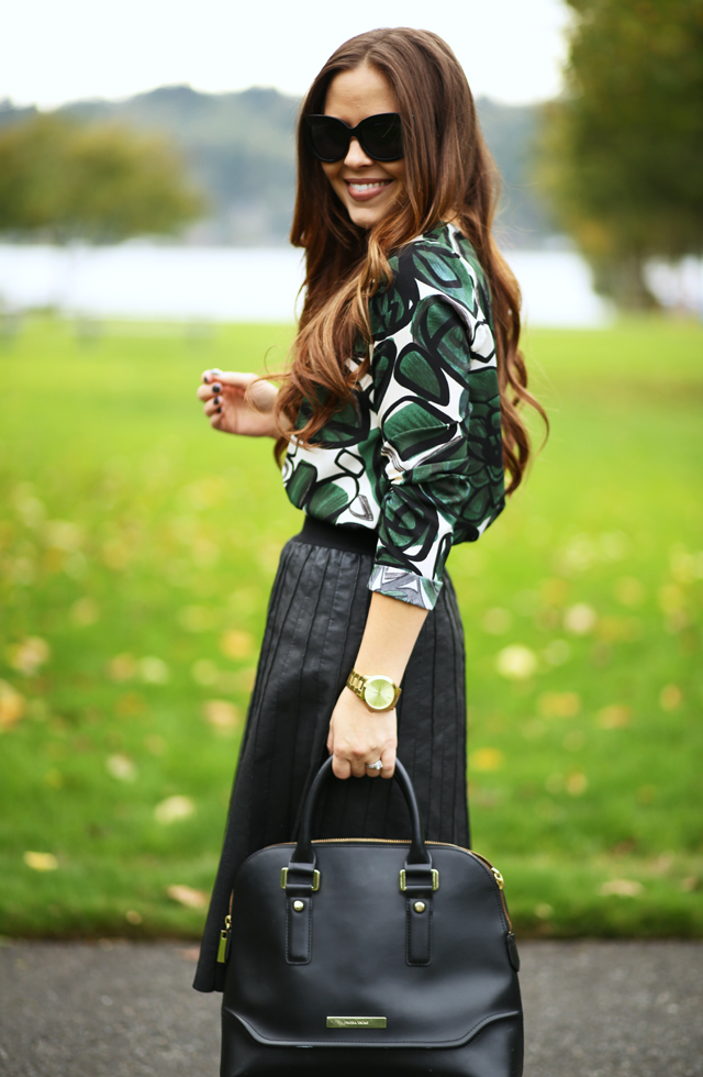 green and black outfit leather skirt and palm print shirt
