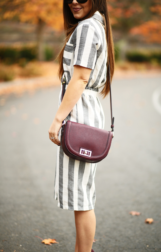 black and white striped dress burgundy saddle bag