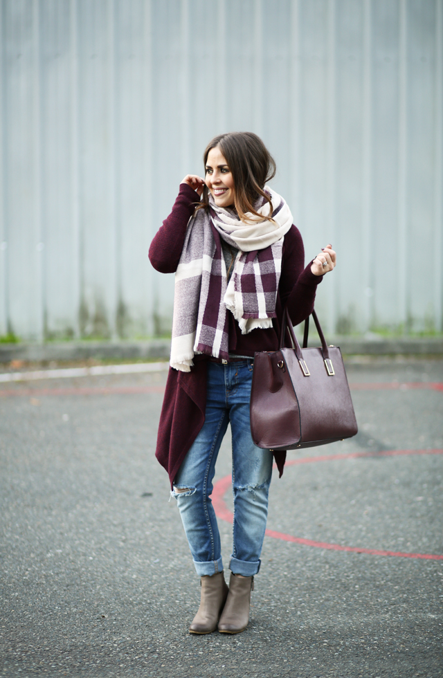 blanket scarf jeans cardigan marsala